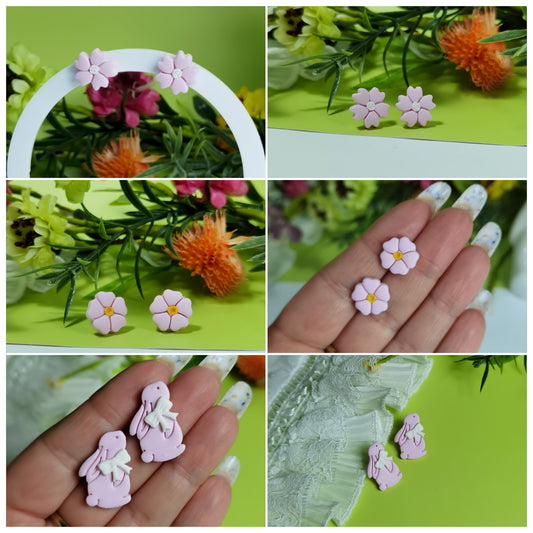 Cute pink studs flower studs bunny rabbit studs gift for girl