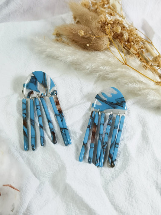 Bohemian turquoise and pearl arch with tassels dangles on studs