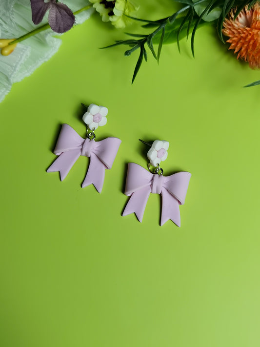 Cute pink bow earrings with white flowers dangle drop bow earrings